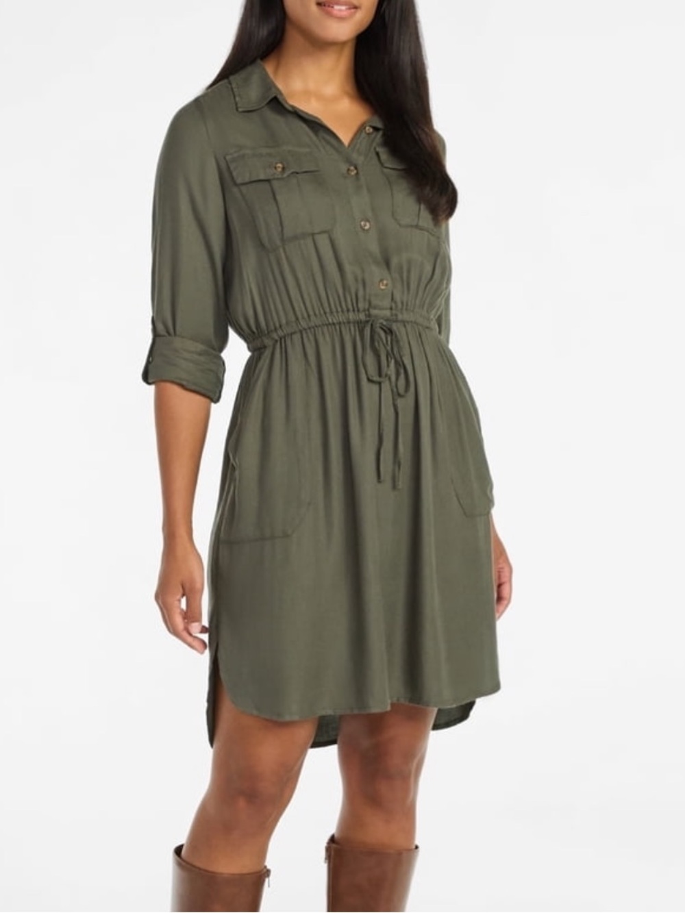 Olive Utility Shirt Dress Drawstring Waist Lyocell Cotton Time and Tru M